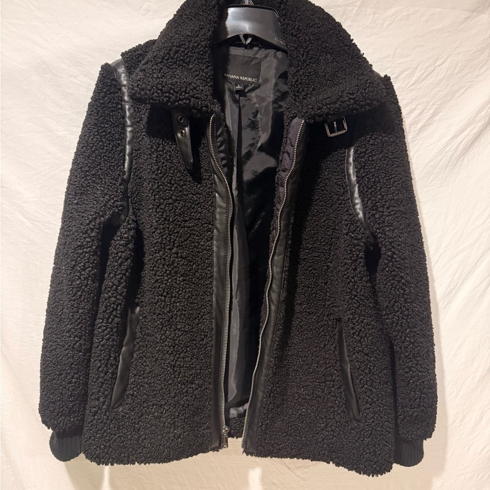 Women's Black Sherpa Jacket with Faux leather accents